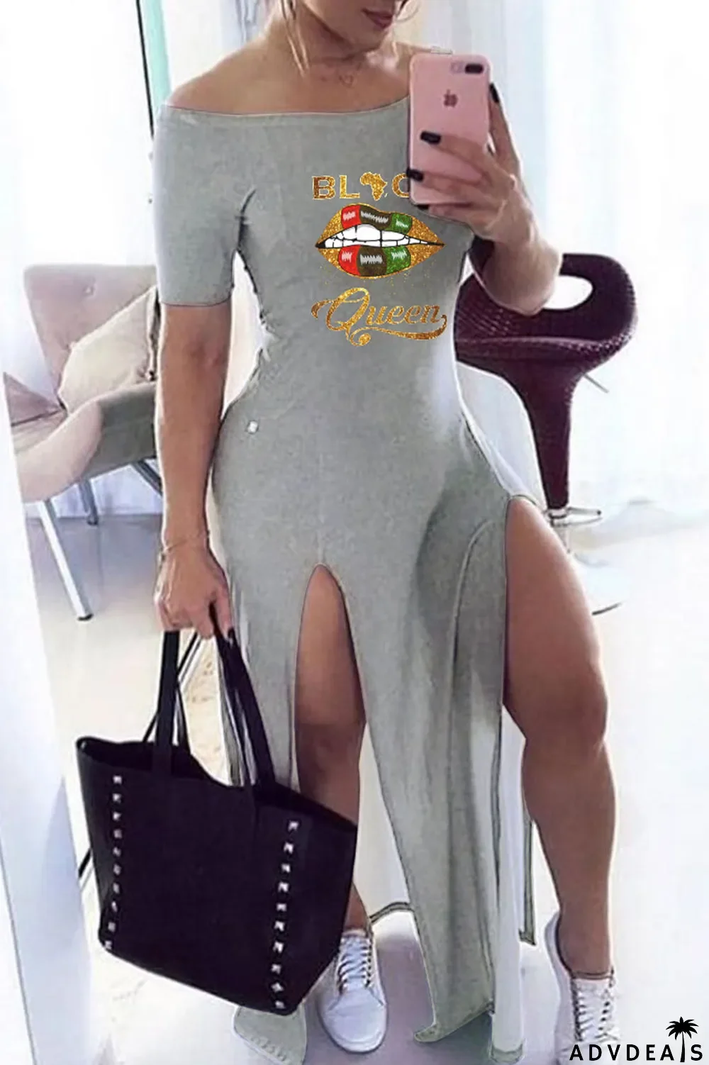 Grey Fashion Casual Print Slit Off the Shoulder Short Sleeve Dress Dresses