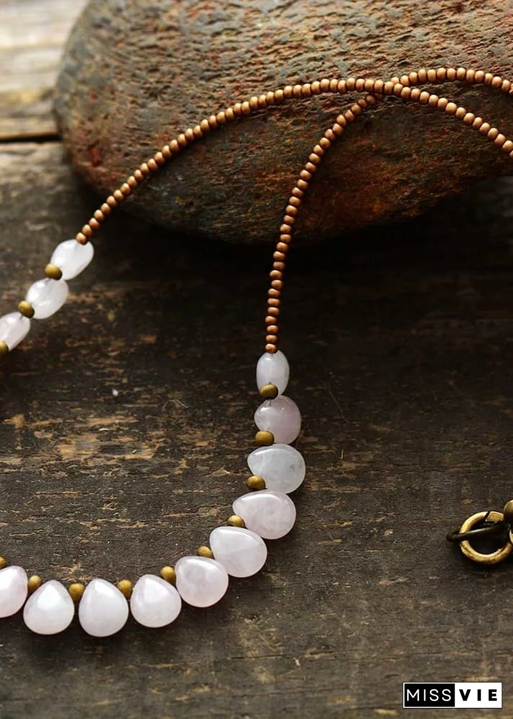 Boho Necklace, Blue Amazonite, Seed Beads Rose Quartz