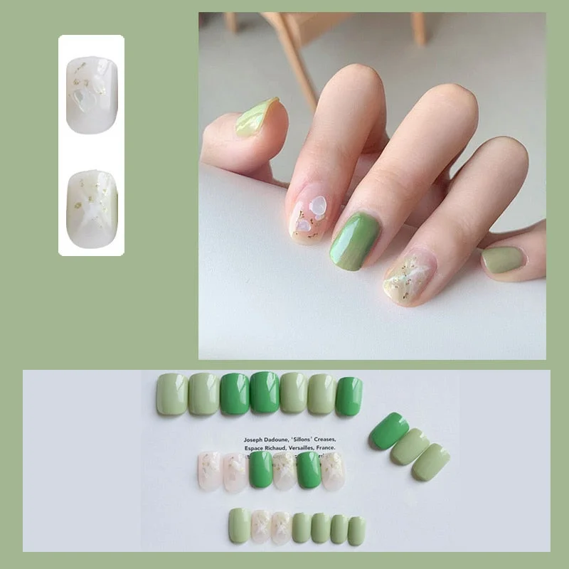 false nails short Green Solid Color with Gold Foil and Shell 3D Decoration Fake Nails Cute Bride Fake Nails Full Nail Tips