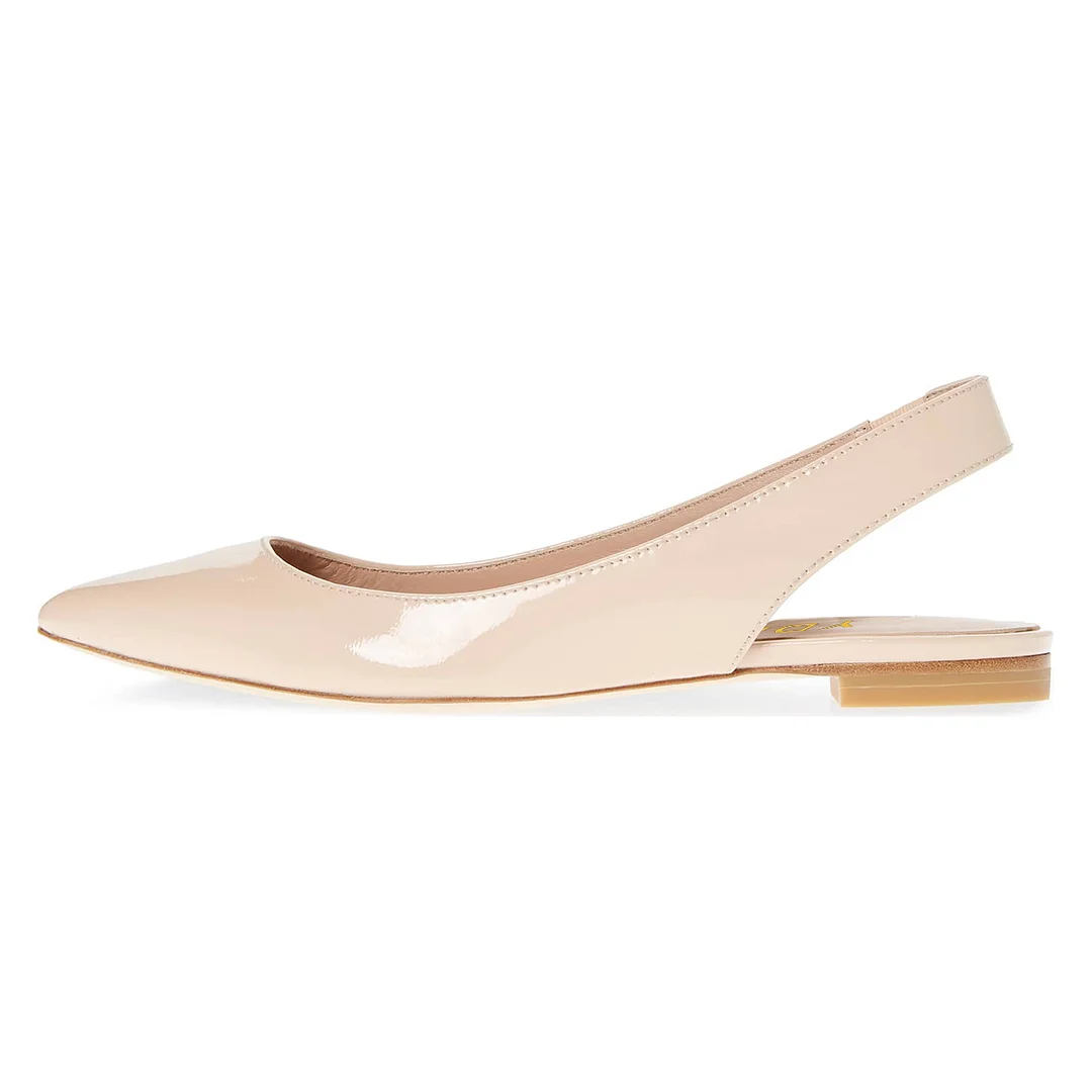 Beige Patent Leather Pointed Toe Slingback Strappy Flat Pumps