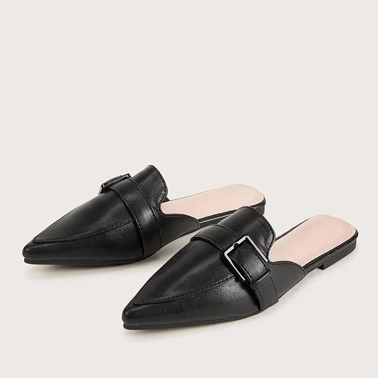 Black Pointed Toe Slip-On Mules with Buckle Detail Vdcoo