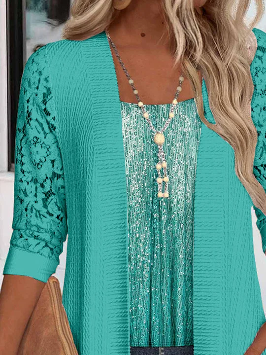 Women Long Sleeve Scoop Neck Polka Dot Printed Printed Graphic Pockets Lace Two-Pieced Tops