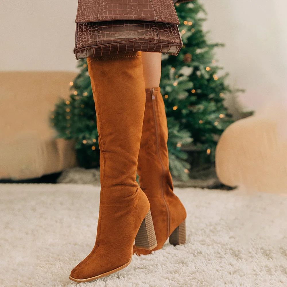 Brown Square Toe Autumn And Winter Knee High Boots