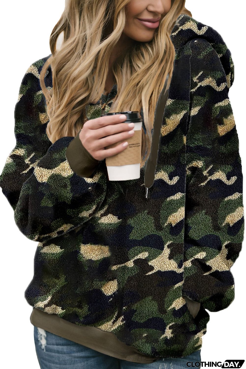 Camo Print Warm Furry Pullover Hoodie