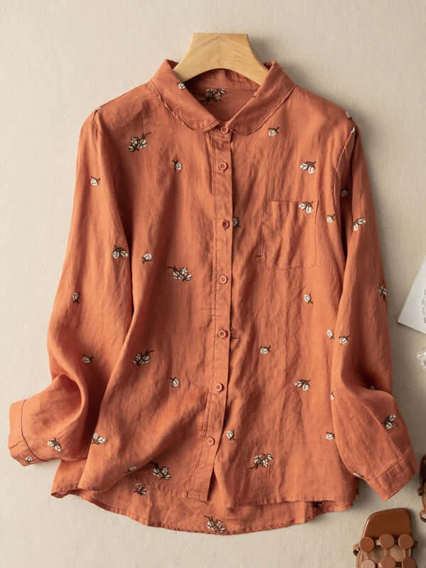 100% Linen Floral Print Casual Shirt With Pocket