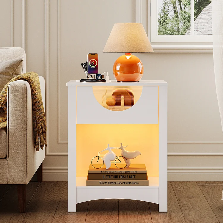 Bestier Nightstands Set of 2 with Charging Station, LED Modern End Table Bedside Table with Drawer for Bedroom, Living Room