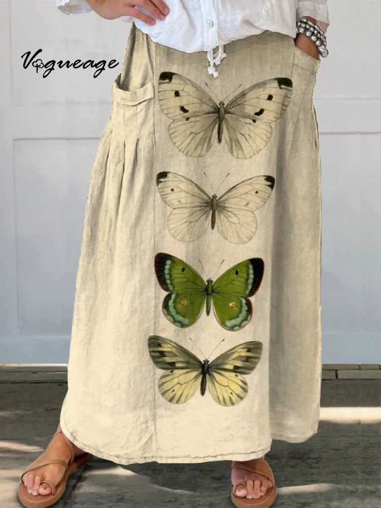 Simple And Elegant Butterfly Printed Women's Casual Cotton And Linen Skirt