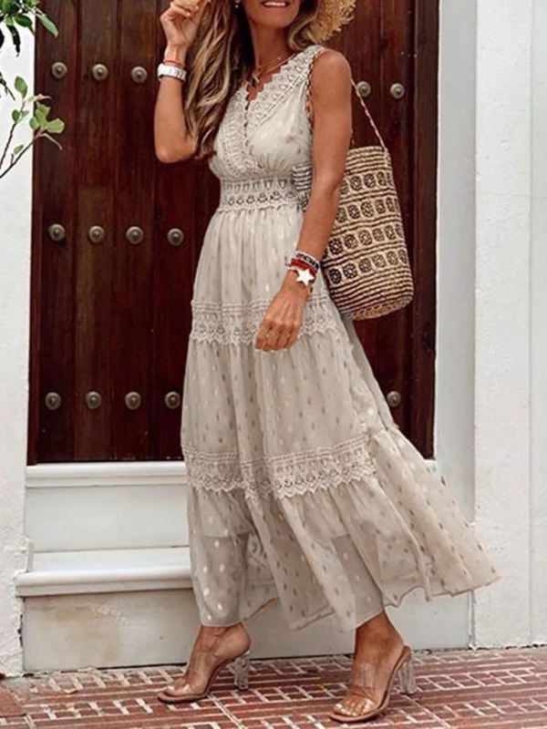 Mature Women Summer Fashion Deep V Sleeveless Lace-Panel Chiffon Midi Maxi Dress