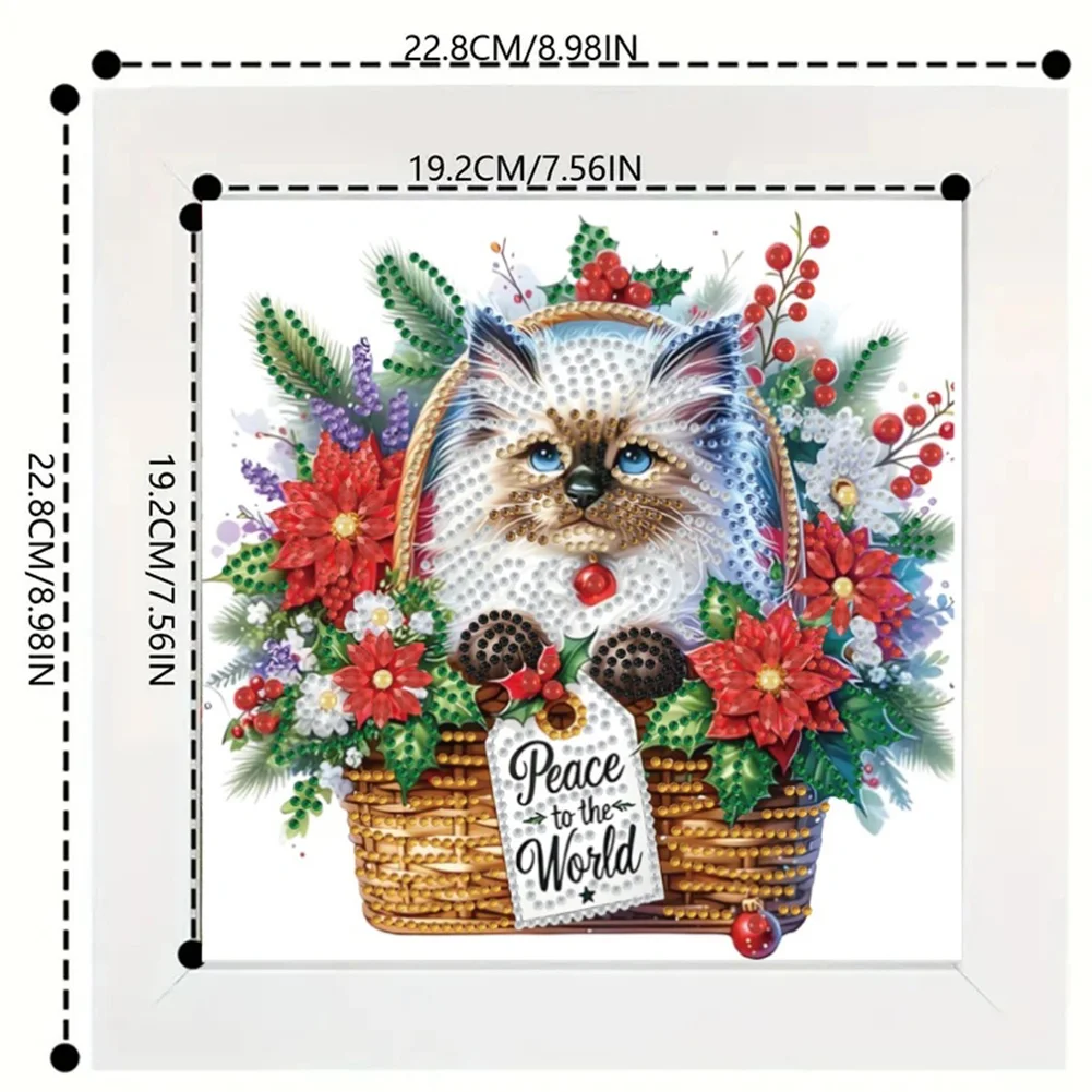 5D DIY Partial Special Shaped Drill Diamond Painting Xmas Siamese Cat 22.8x22.8cm【With Frame】