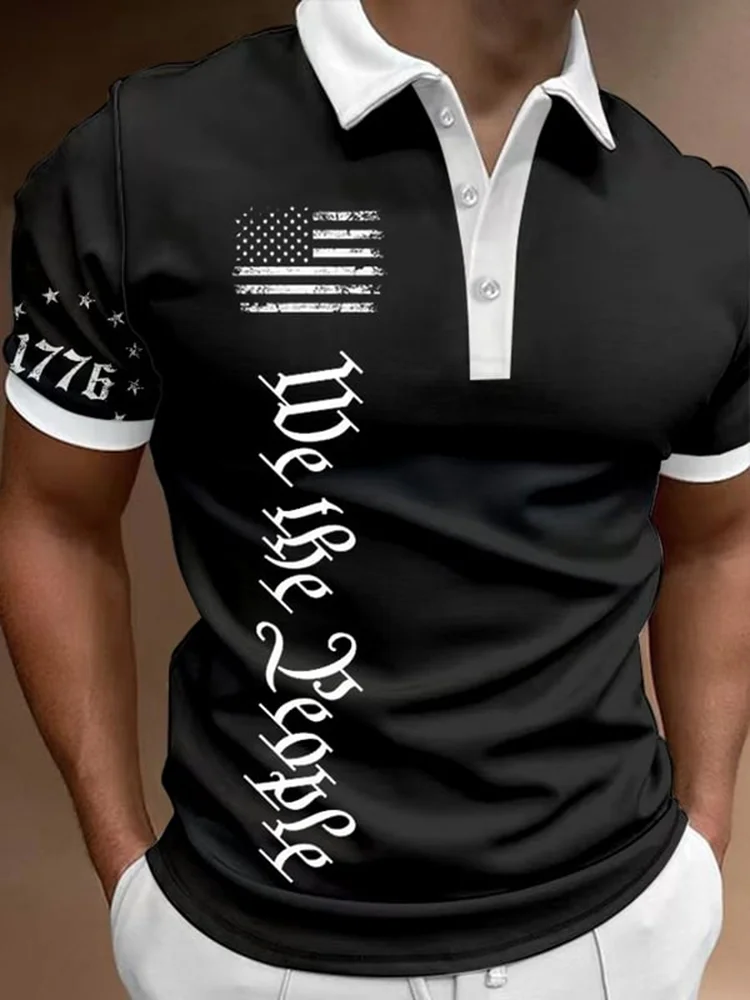 VChics Men's We The People American Flag Print Contrast Casual Polo Shirt