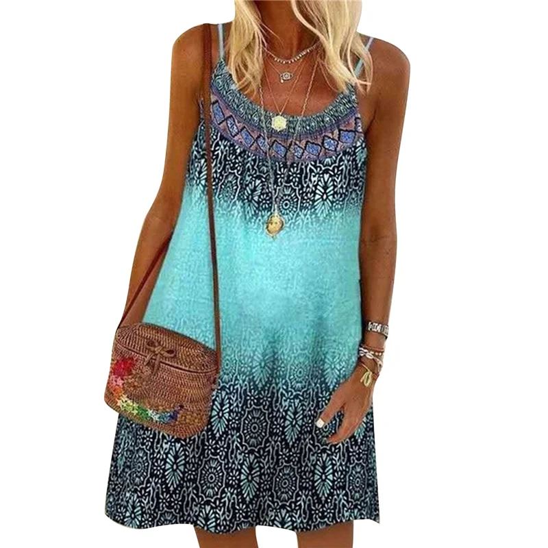 2023 Summer Printed Sling Dress Ladies Bohemian Loose Ladies Dress A-line Beach Casual Elegant Mini Dress