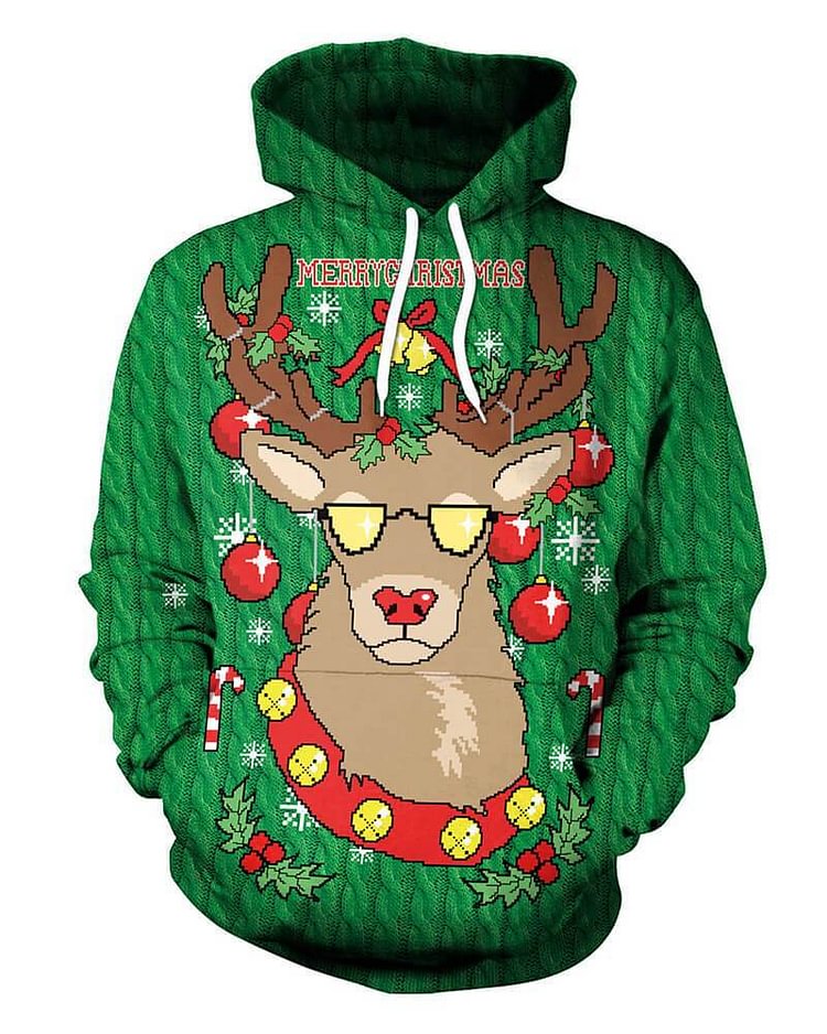 Mayoulove Green Reindeer Ugly Christmas Sweater Printed Unisex Pullover Hoodie-Mayoulove