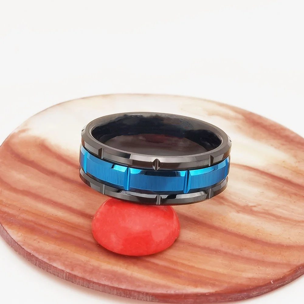 8MM Tungsten Carbide Irregular Groove Blue Middle Black Couple Bands Womens Or Mens