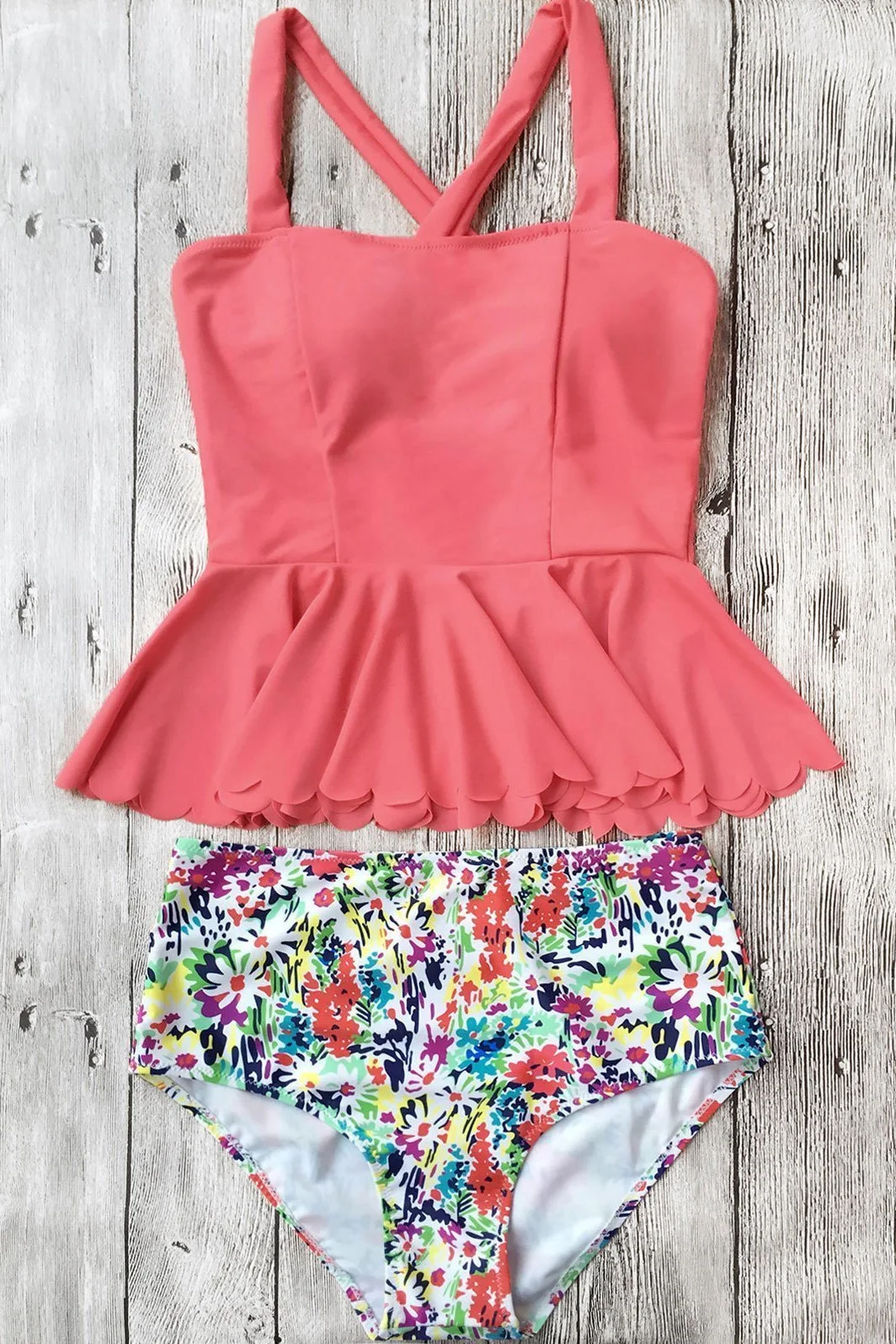 Watermelon Dasiy Print Scalloped Hem High Waisted Peplum Cute Tankini Swimsuit-elleschic