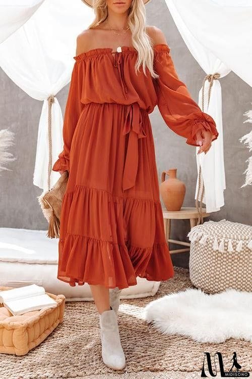 MidiSono - Layer Ruffles Off Shoulder Belted Maxi Dress