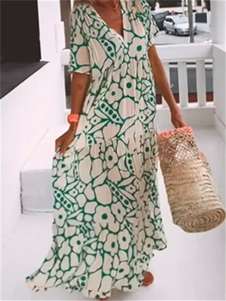 Summer Dresses Women's Europe and The United States Printed Short-sleeved V-neck Long Dress S-3XL | 168DEAL