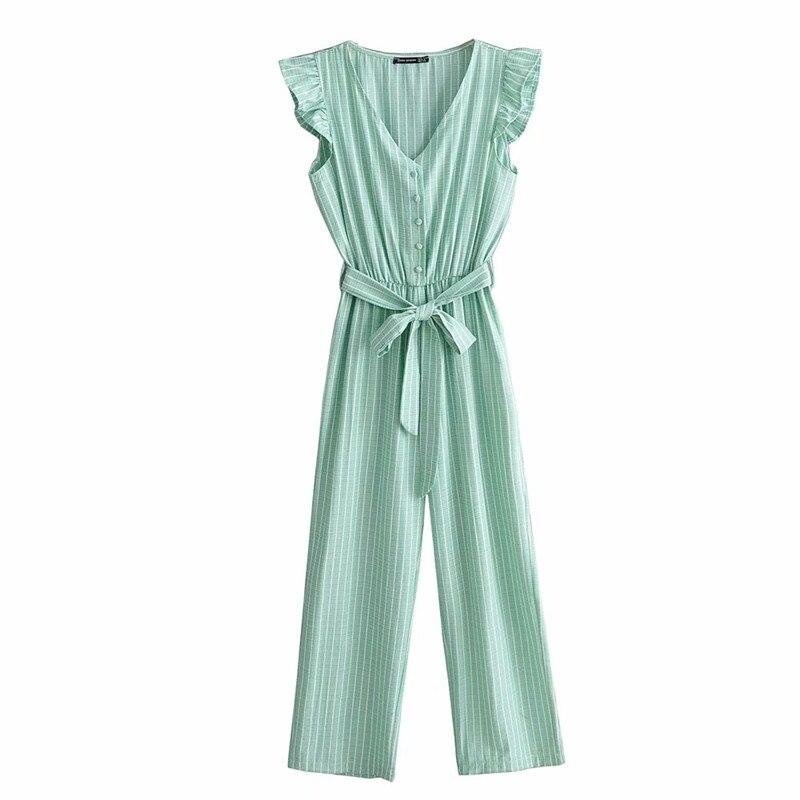 PUWD Casual Women V Neck Stripe Jumpsuits 2021 Summer Fashion Ladies Ruffles Beach Rompers Female High Waisted Lacing Jumpsuit