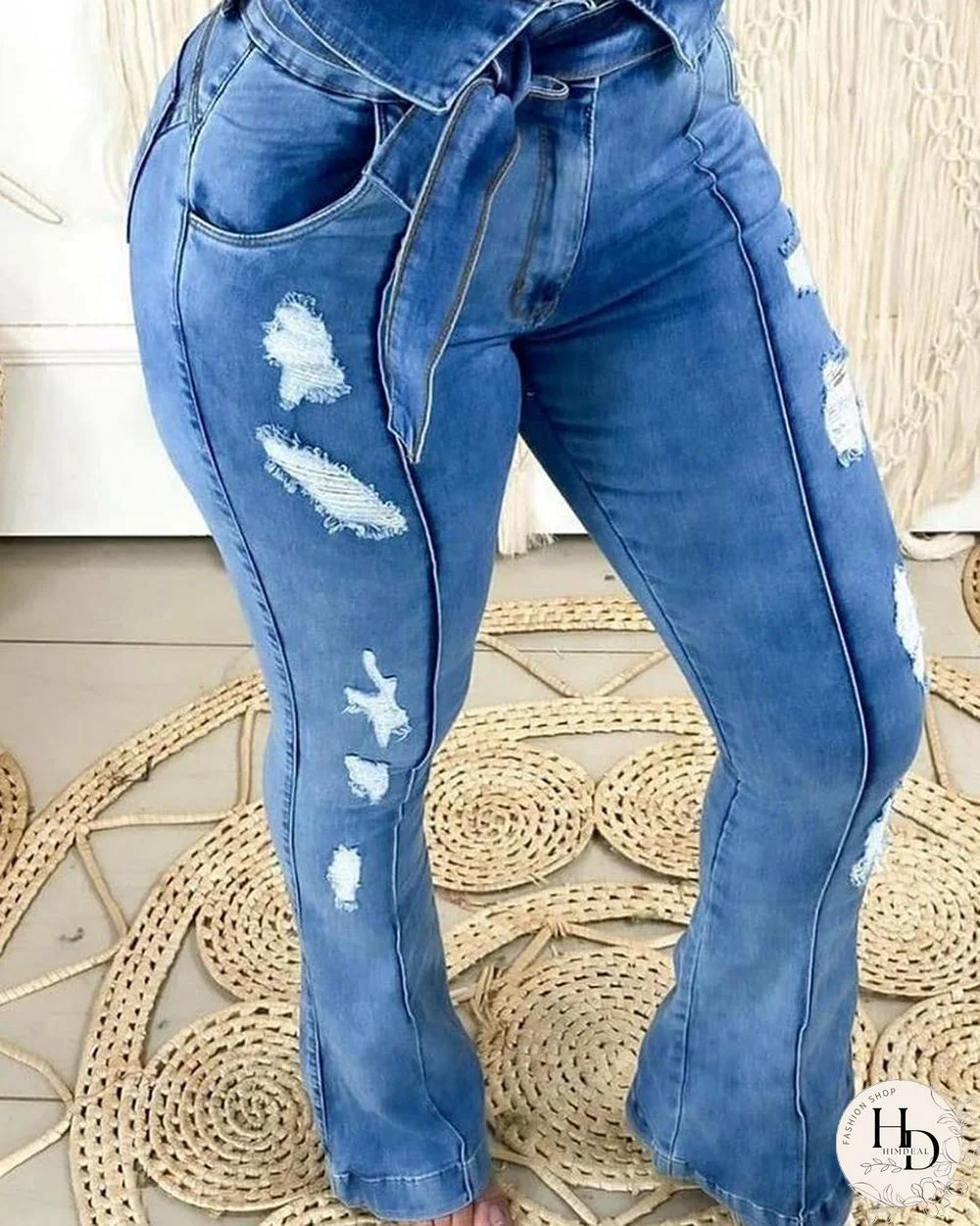 Solid Ripped Lace-up Skinny Bell Denim Pants