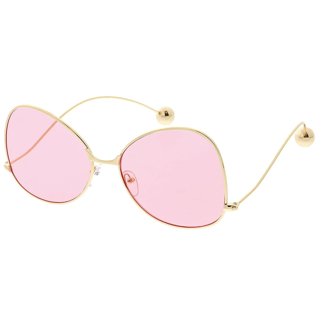 Women's Metal Butterfly glasses Thin Curved Arms Ball Accent Color Tinted Flat Lens 56mm