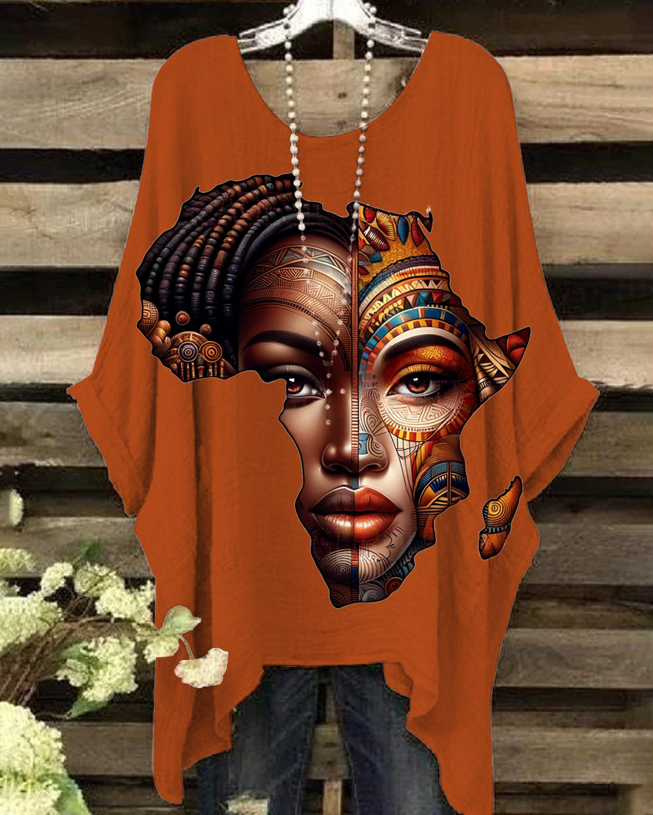 Vintage African Portrait Map Print Casual Blouses