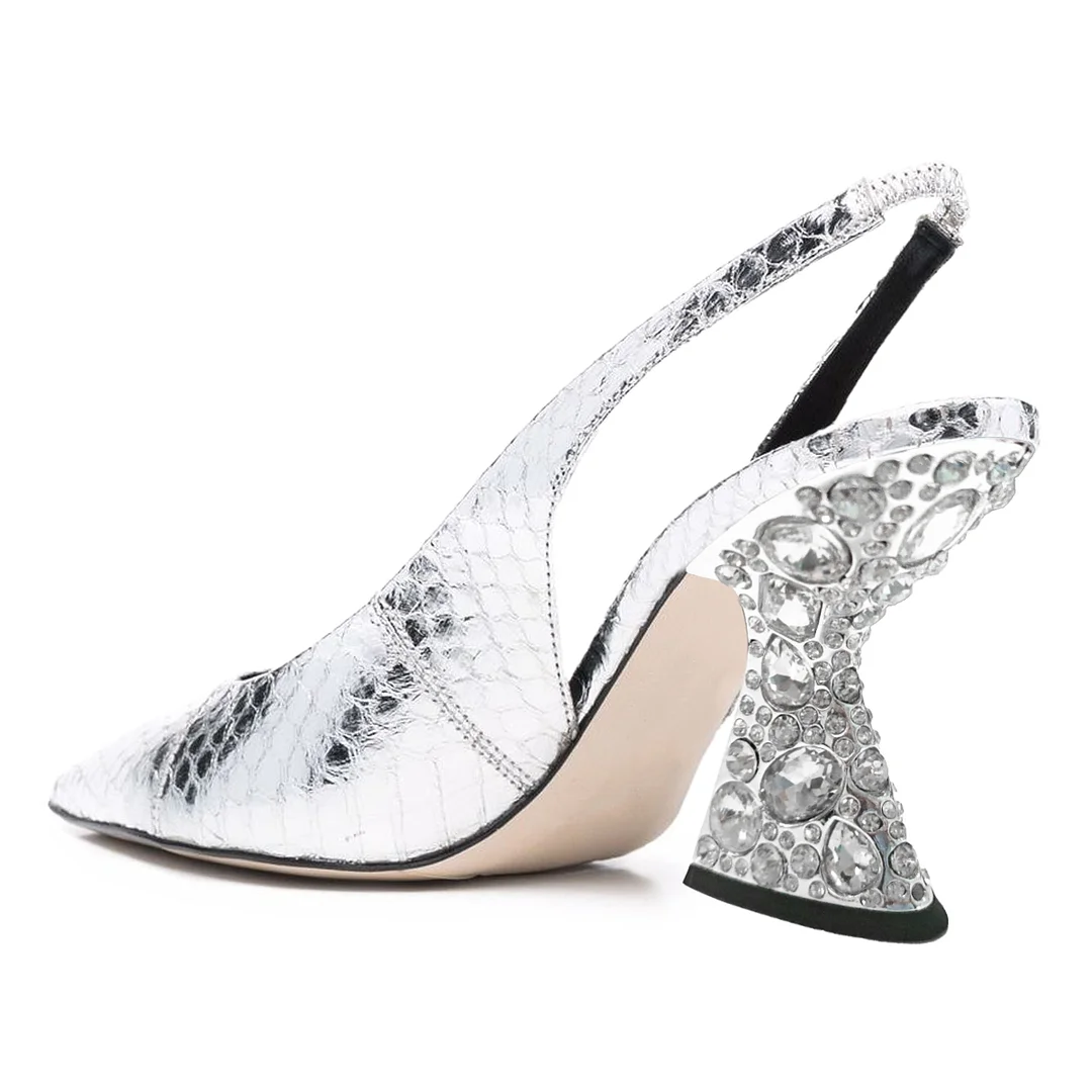 Silver Metallic Finish Croc-Embossed Pointed Slingback Heel Pumps