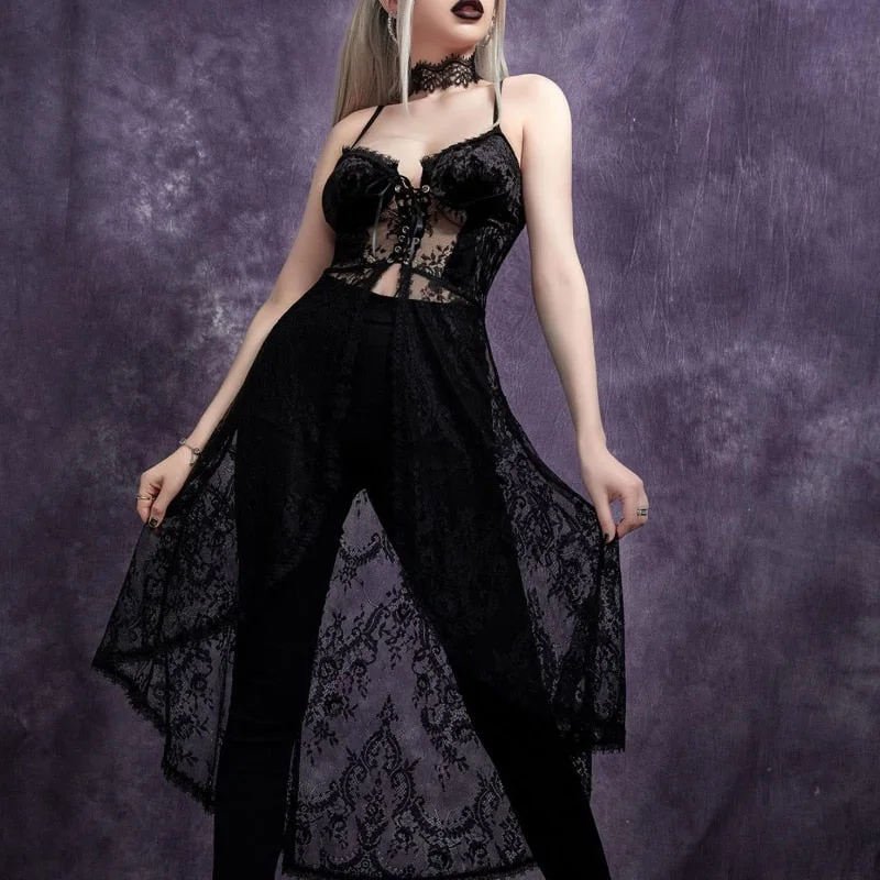 Sonicelife Halloween Black Dress Gothic Long Camisole Grunge Aesthetic See Through Bustier Tops Women Velvet Fashion Emo  Dresses
