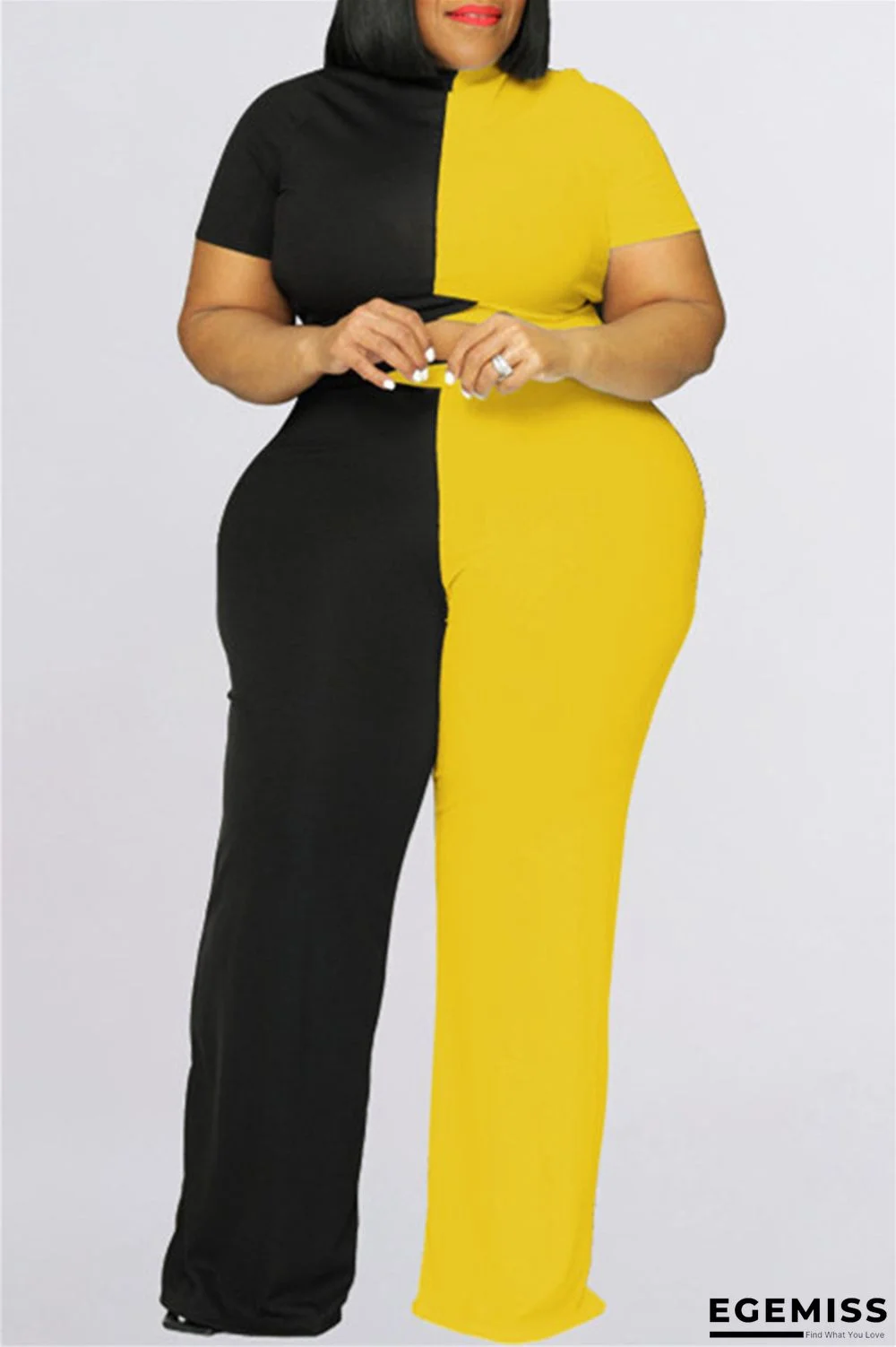 Yellow Black Fashion Casual Solid Patchwork Half A Turtleneck Plus Size Two Pieces | EGEMISS