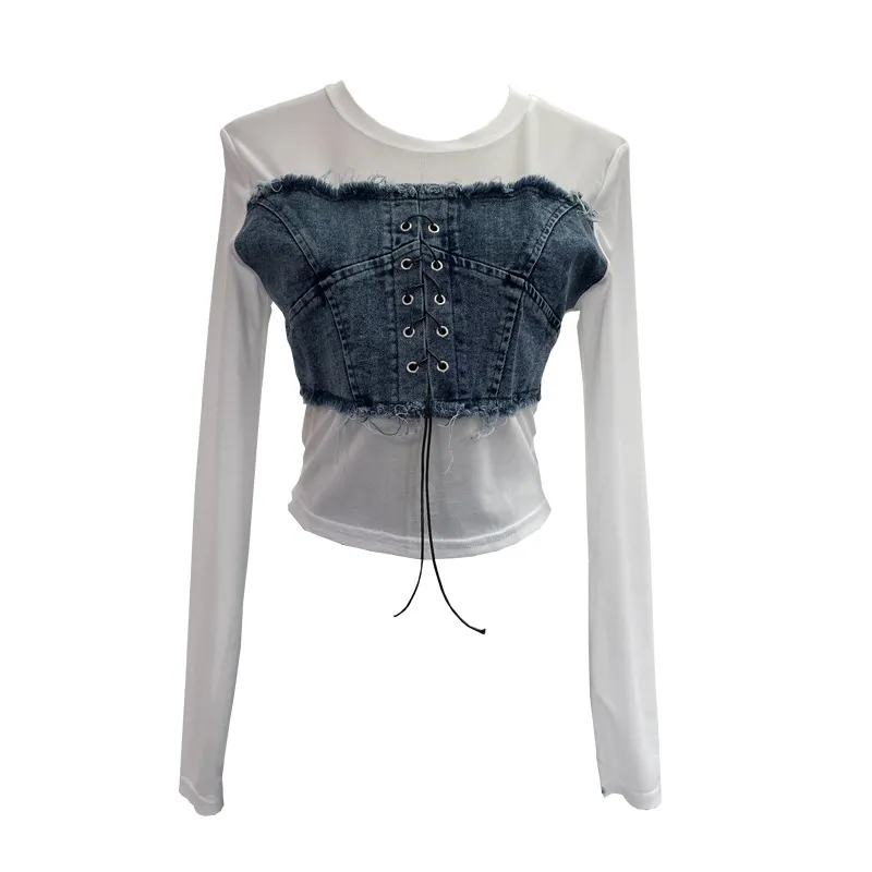 Churchf Vintage Babes Cowboy Spliced Tiring Strapped With Long Sleeves Short Mesh T-Shirt 2639