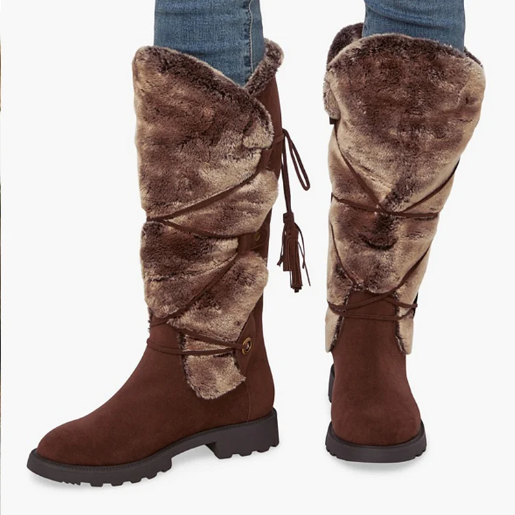 Dark Brown Suede Boots Women's Vintage Block Heels Winter Calf Boots |FSJ Shoes