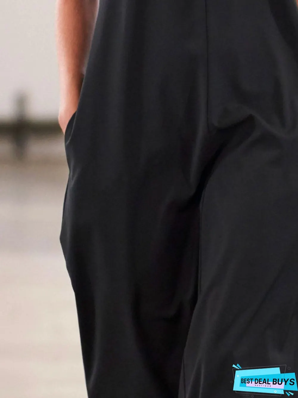 Black Casual Plain Round Neck Cotton-Blend Jumpsuits