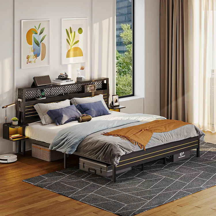 Bestier King Size Metal Platform Bed Frame with Storage Headboard Charging Station & 2 Nightstands, LED Night Lights