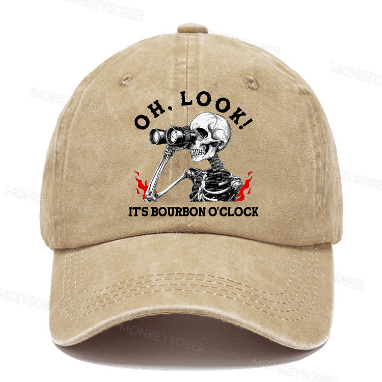 Personalized Oh Look! It's Bourbon O'clock Funny Skull Washed Baseball Caps