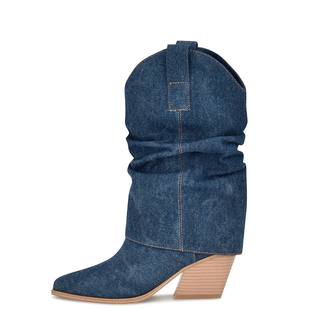 Blue Denim Chunky Heel Fold Over Mid-Calf Slouch Boots for Women Nicepairs