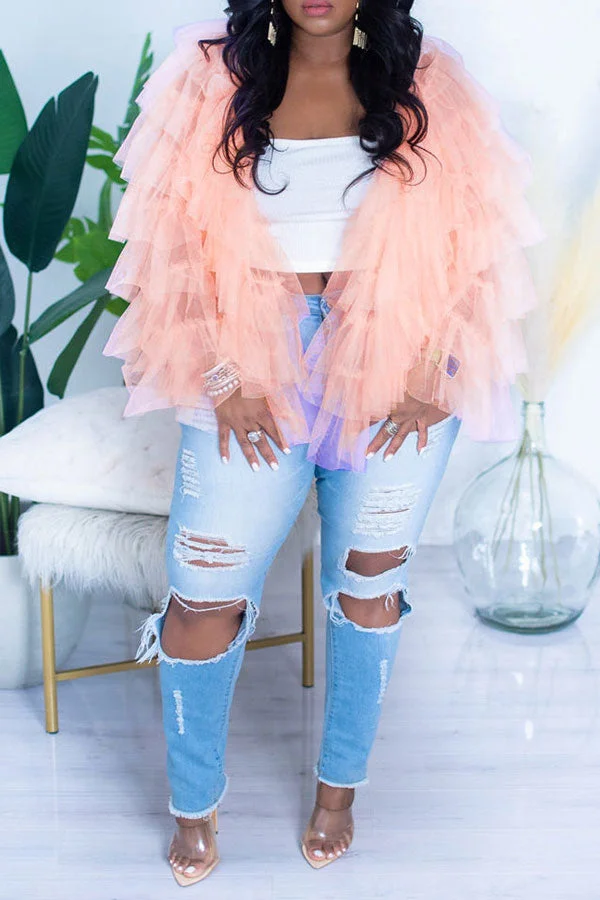 Solid Color Cute Tulle Tiered Ruffle Blouse
