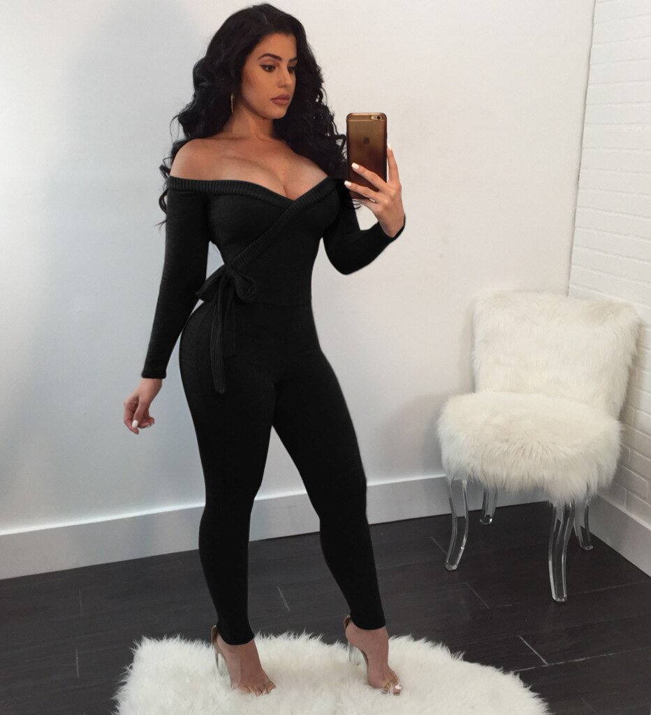 2020 Summer Women Jumpsuits Rompers Full Sleeve V-Neck Solid Sashes Sexy Night Club Party Bandage One Piece Outfits GL1063
