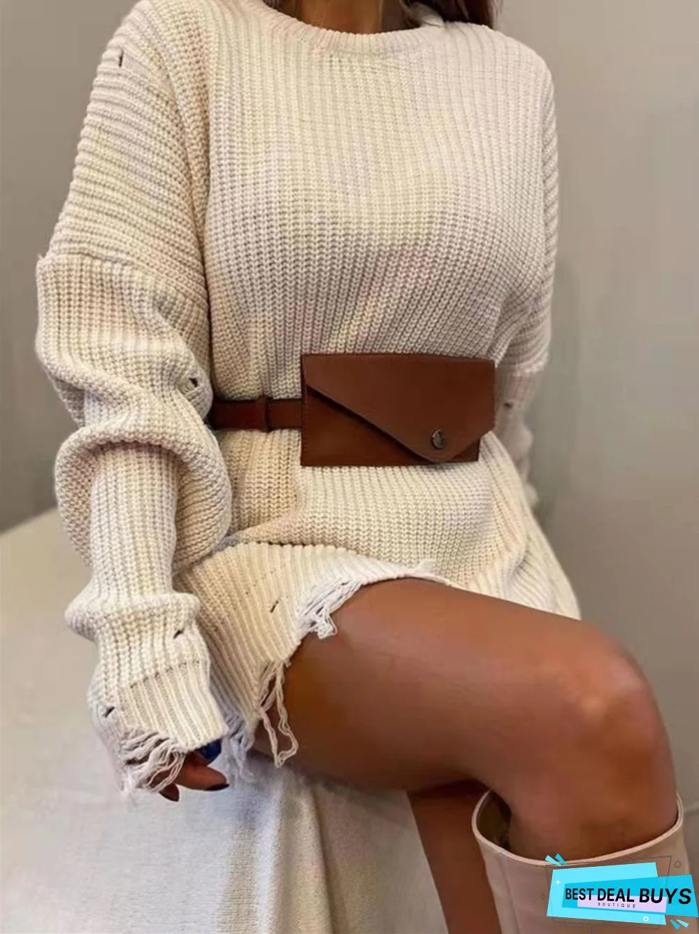 Temperament Commuting Long Sleeve Round Neck Thick Needle Hem Irregular Knitting Sweater Dress