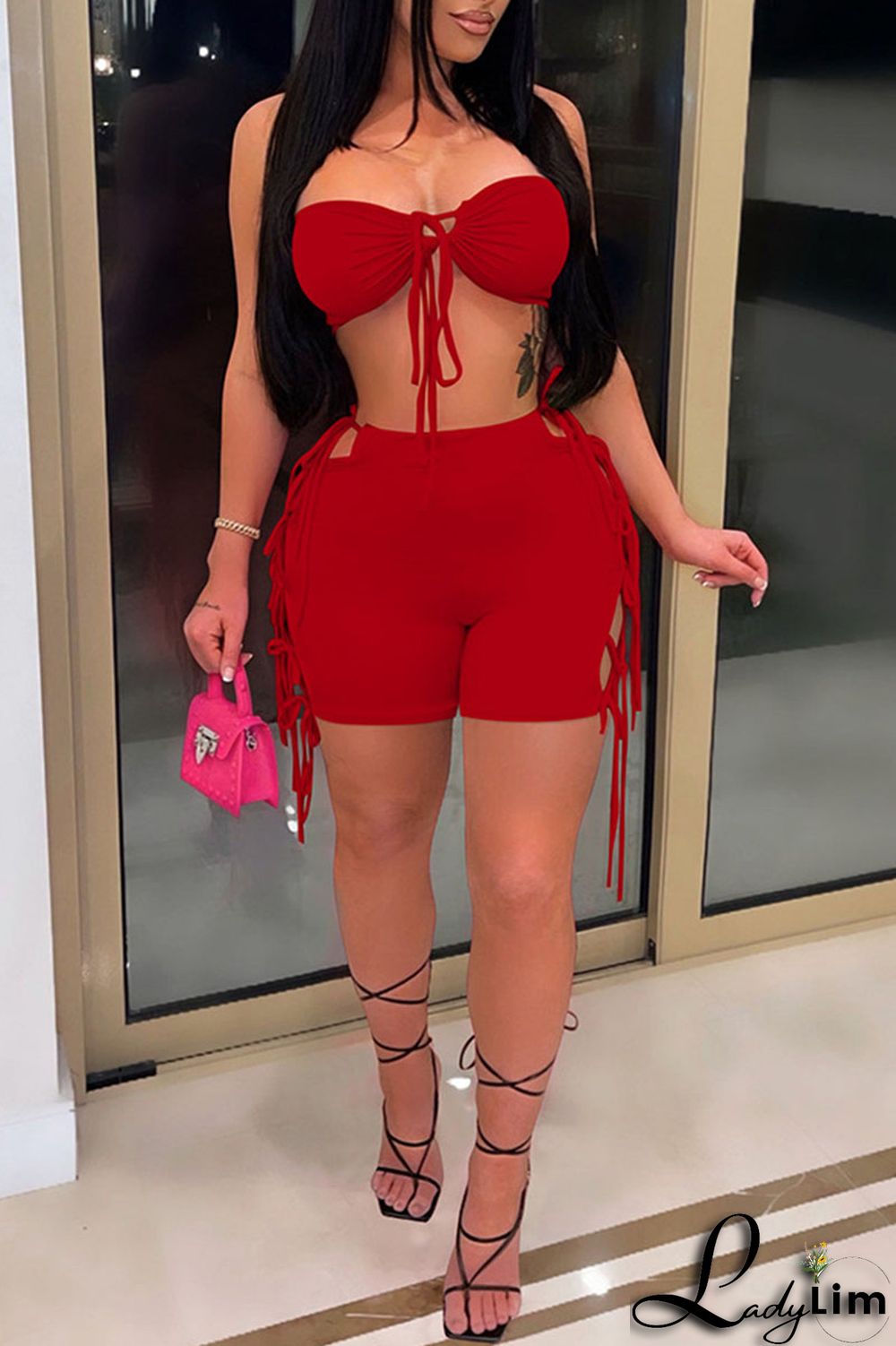 Red Sexy Solid Split Joint Frenulum Strapless Sleeveless Two Pieces