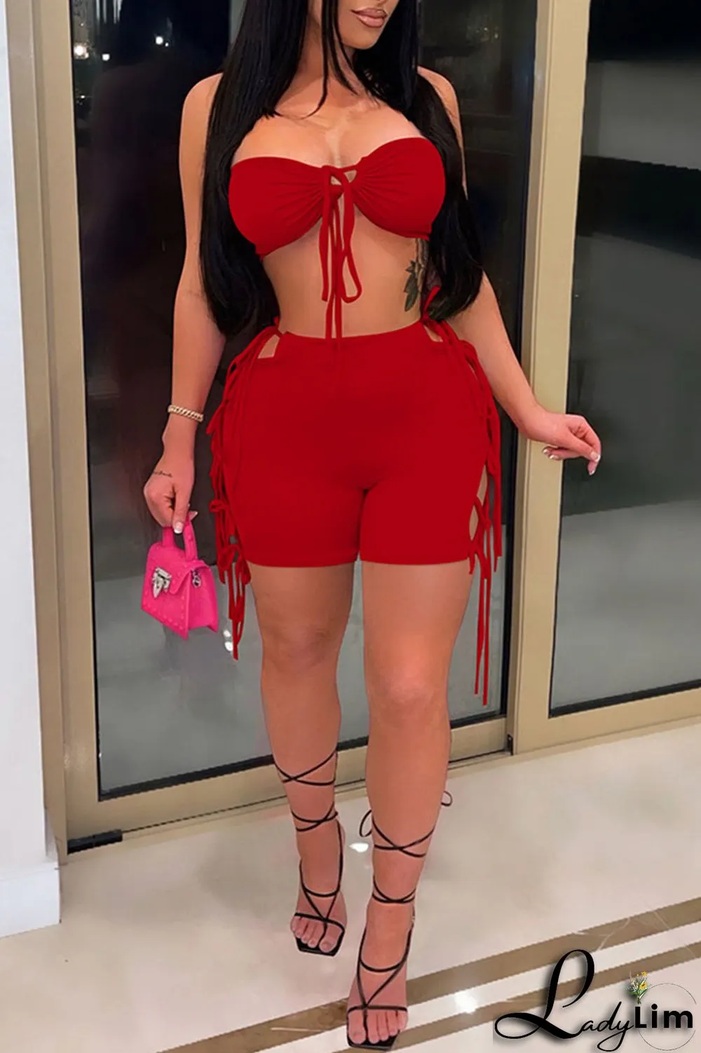 Red Sexy Solid Split Joint Frenulum Strapless Sleeveless Two Pieces