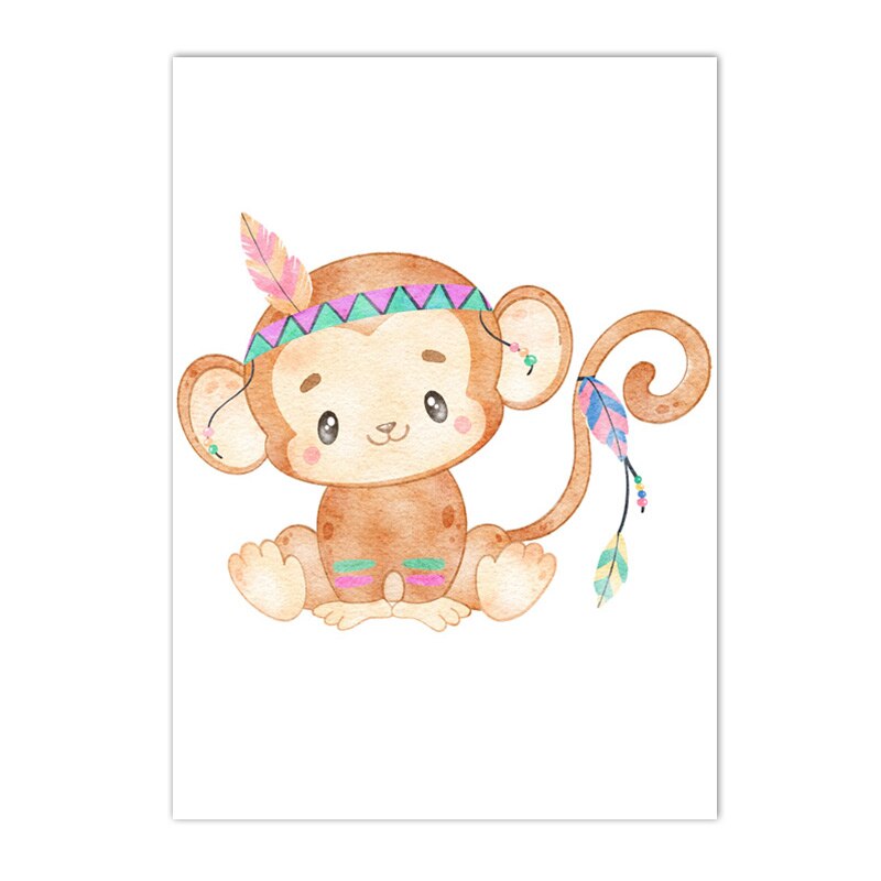 Indian Animal Print Canvas Mural Cartoon Lion Deer Bear Fox Elephant Monkey Poster Art Painting Picture Baby Kid Room Home Decor