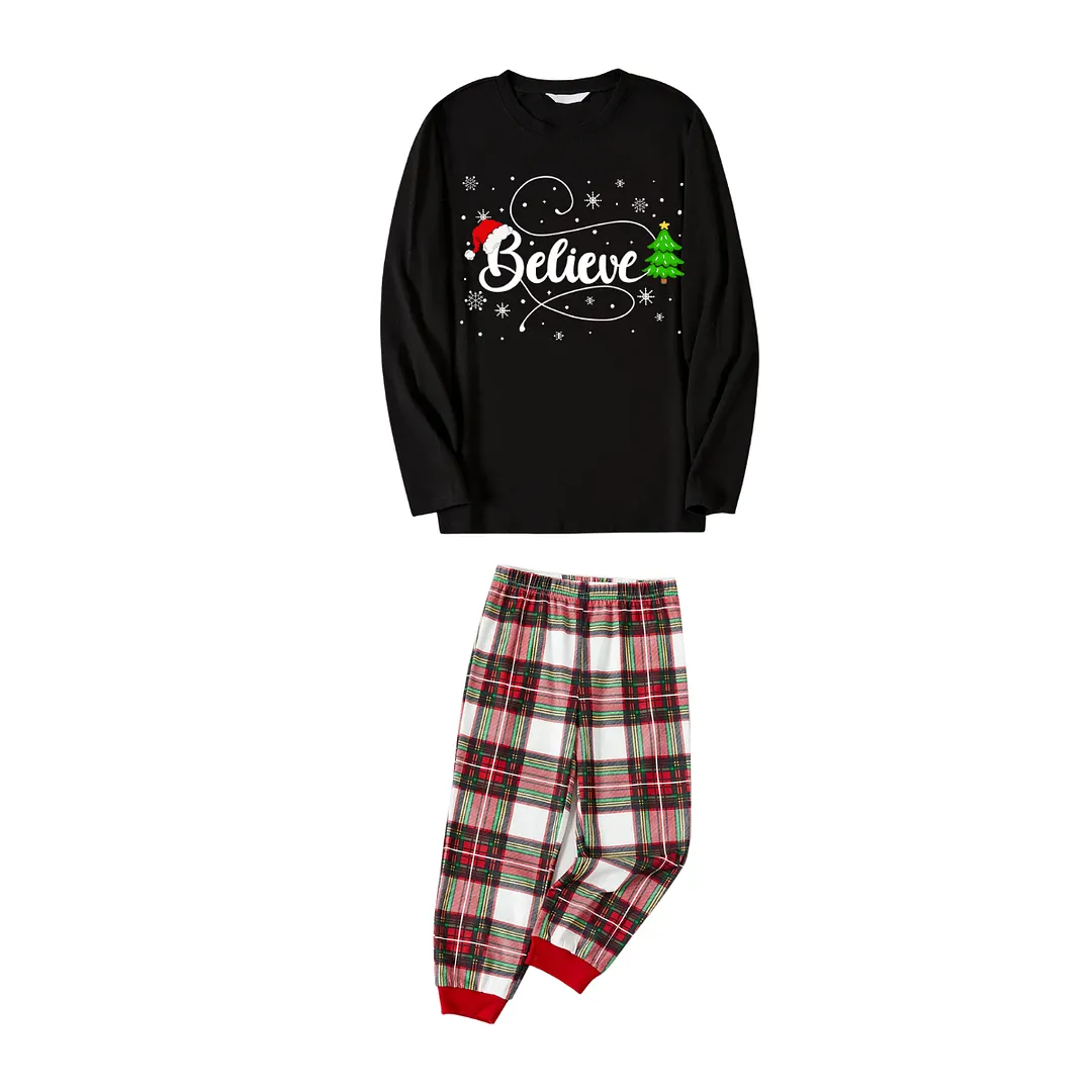 Christmas "Believe" Text and Tree Print Black Long Sleeve Top with Red & White & Green Plaid Family Matching Pajamas