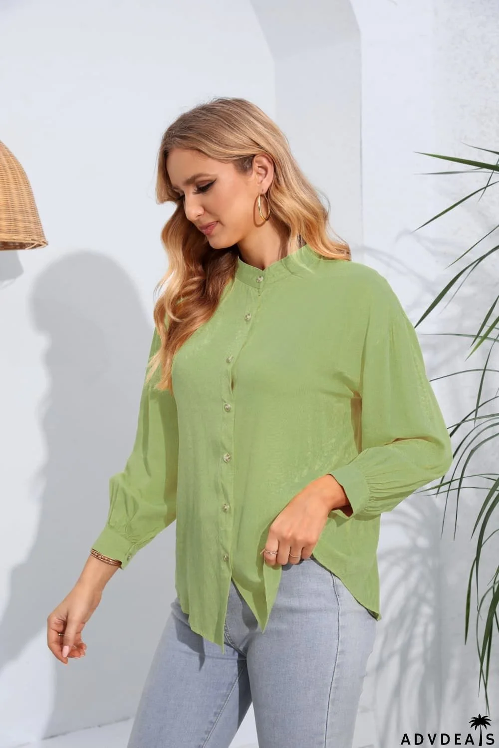 Mock Neck Buttoned Long Sleeve Shirt