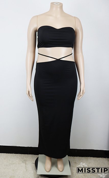 Summer Africa Plus Size Women Strapless Top and Lace Up Skirt Two-piece Set