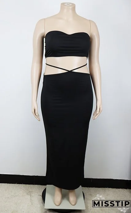 Summer Africa Plus Size Women Strapless Top and Lace Up Skirt Two-piece Set