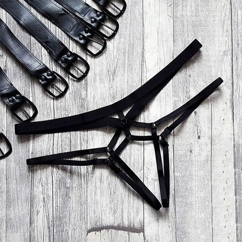 Billionm CDJLFH Pu Leather Harness Panties Women Sexy Garter Belt Body Bandage Underwear Porn Hollow Out G-String Female Suspenders Tanga