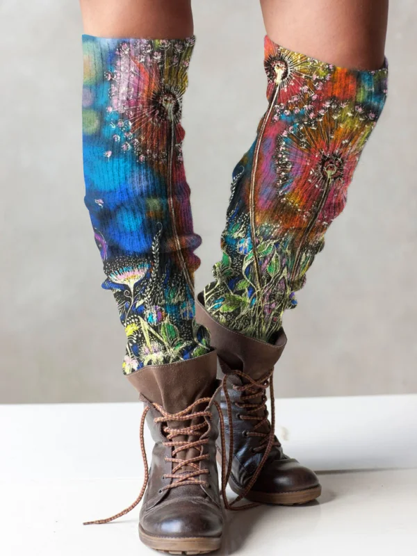 Retro dandelion print knit boot cuffs leg warmers
