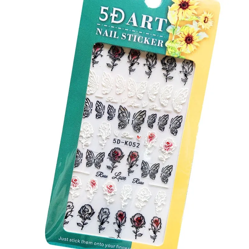 5D Embossed Nail Art Stickers Butterfly Rose Animal Design Flowers Lace Gel Decals Acrylic Engraved Sliders Manicure Art Decora-Nail Inspo