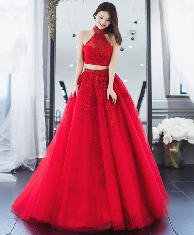 Red Lace Two Pieces Long Prom Dress, Red Evening Dress