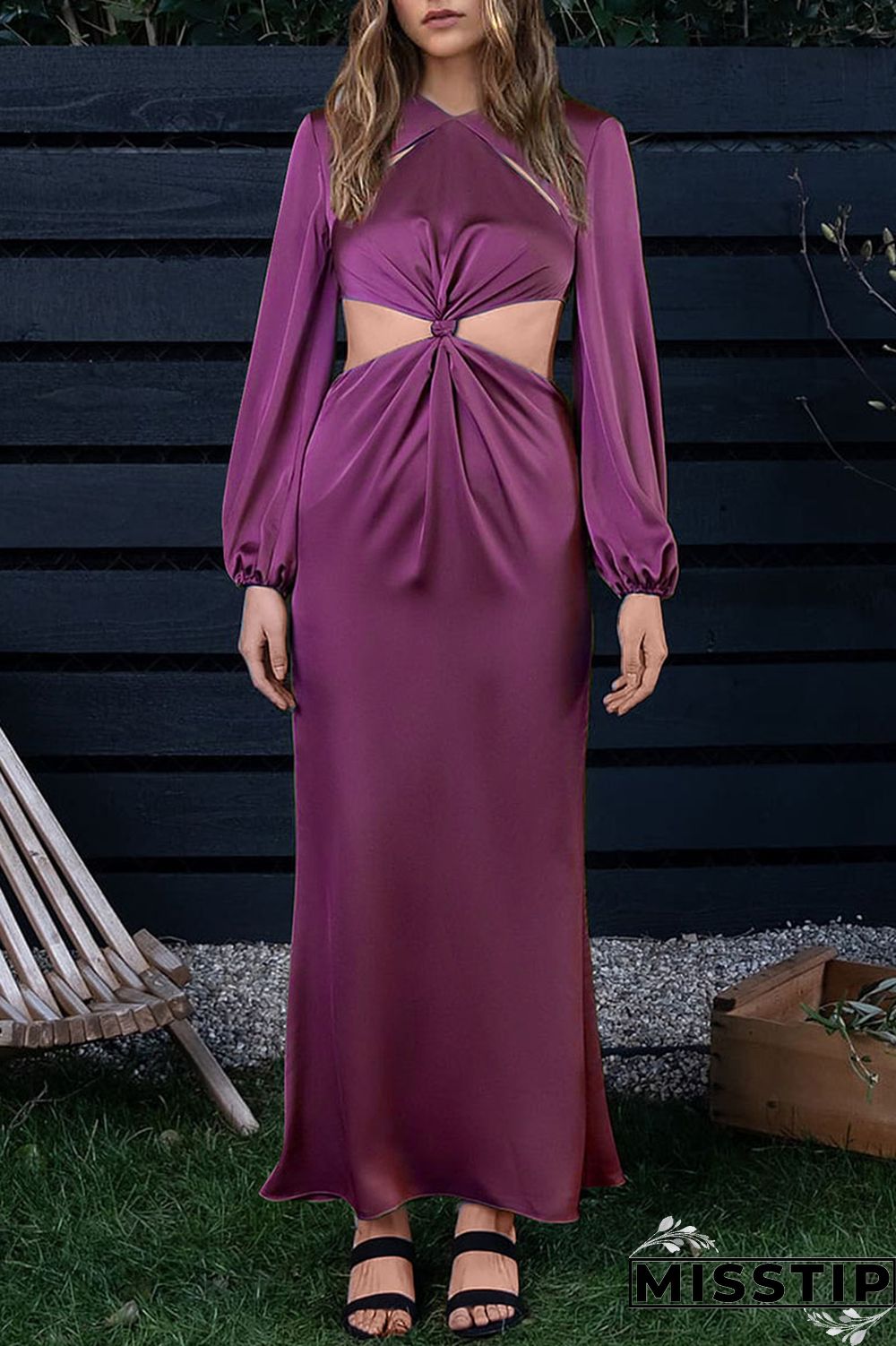 Purple Casual Solid Hollowed Out Patchwork O Neck Straight Dresses