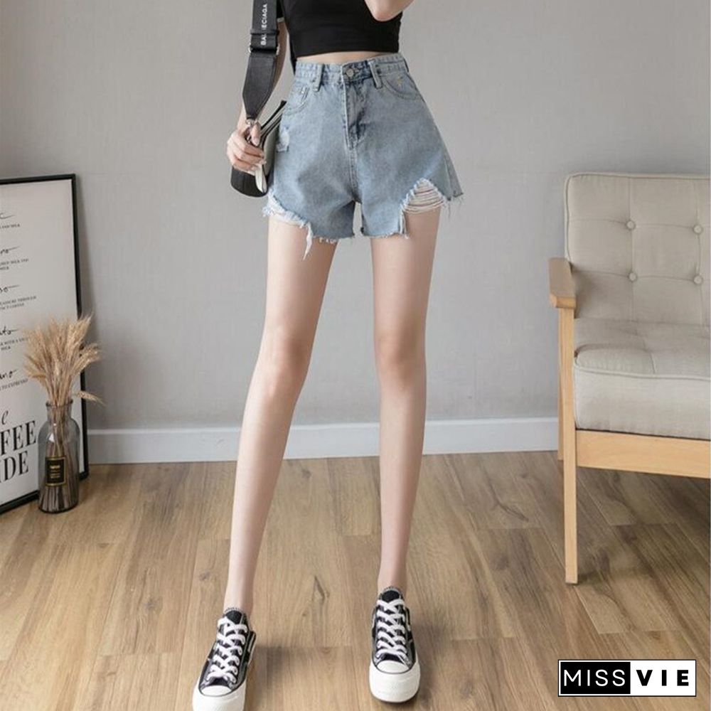 Woman Jeans Shorts Ripped Clothes High Waisted Summer Streetwear Baggy Wide Leg Vintage Fashion The New Blue Harajuku Pants