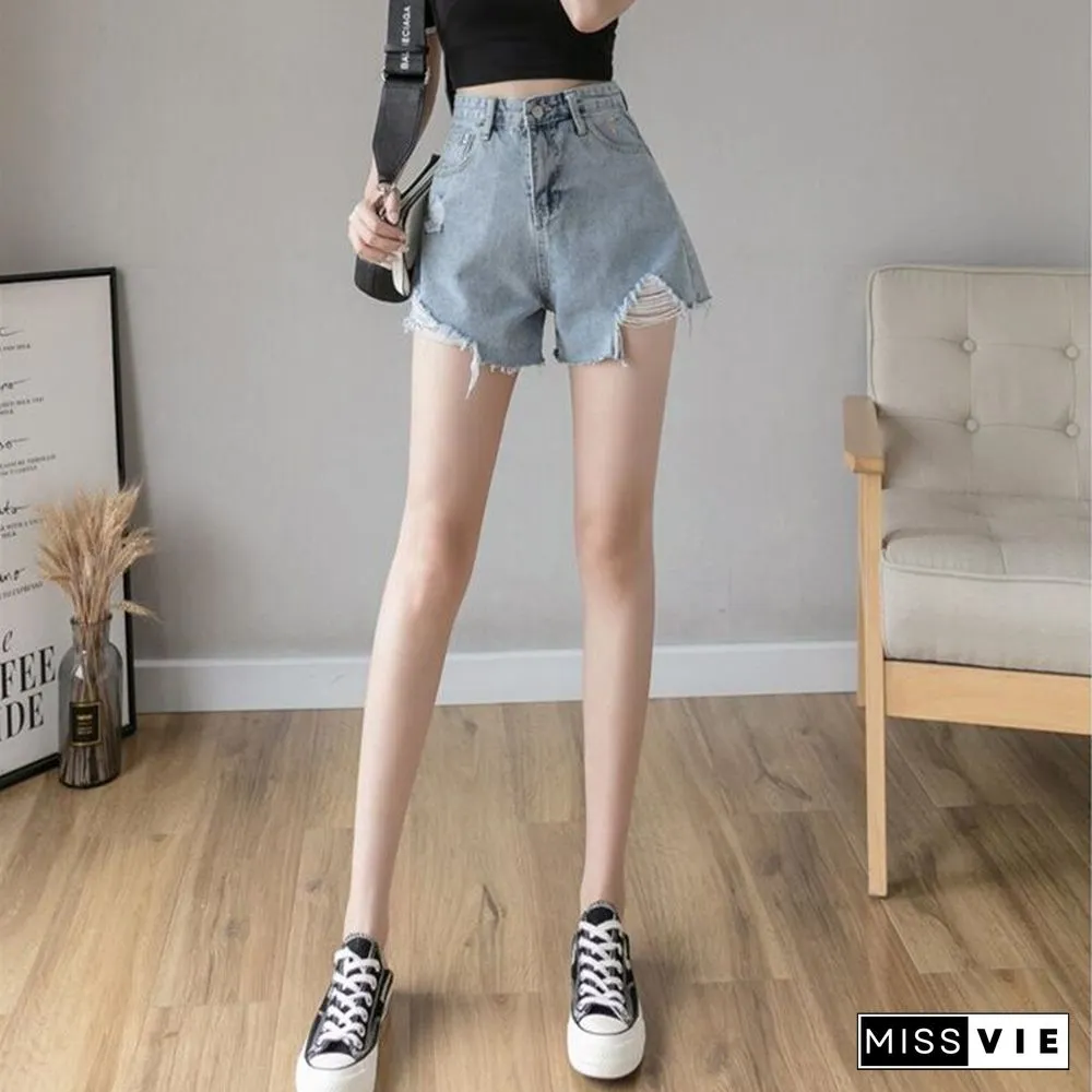 Woman Jeans Shorts Ripped Clothes High Waisted Summer Streetwear Baggy Wide Leg Vintage Fashion The New Blue Harajuku Pants